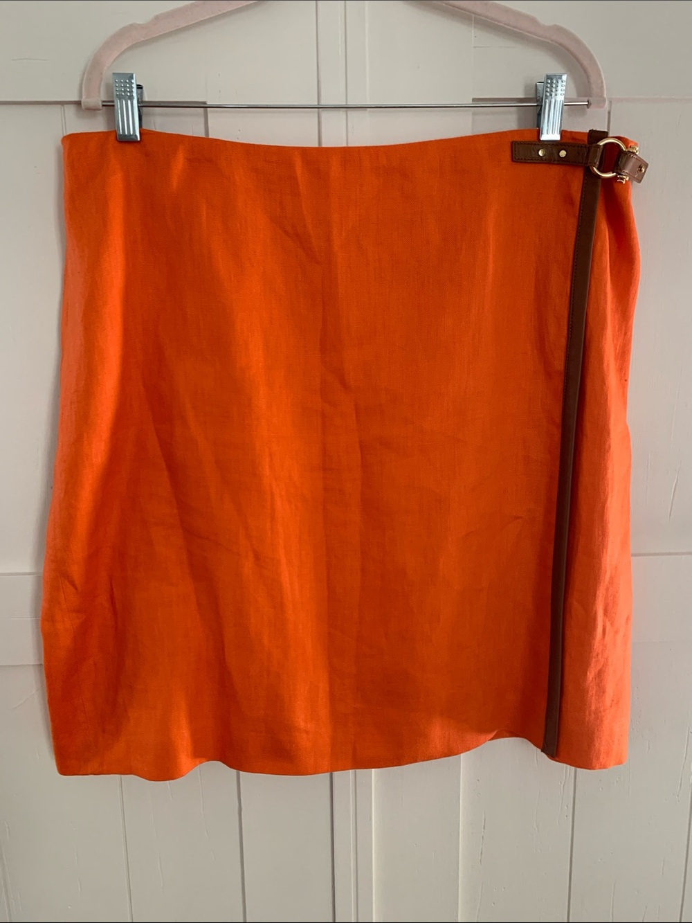 Ralph Lauren Linen Skirt Real Leather Trim Equestrian Style Closure-NWOT - Sz 16